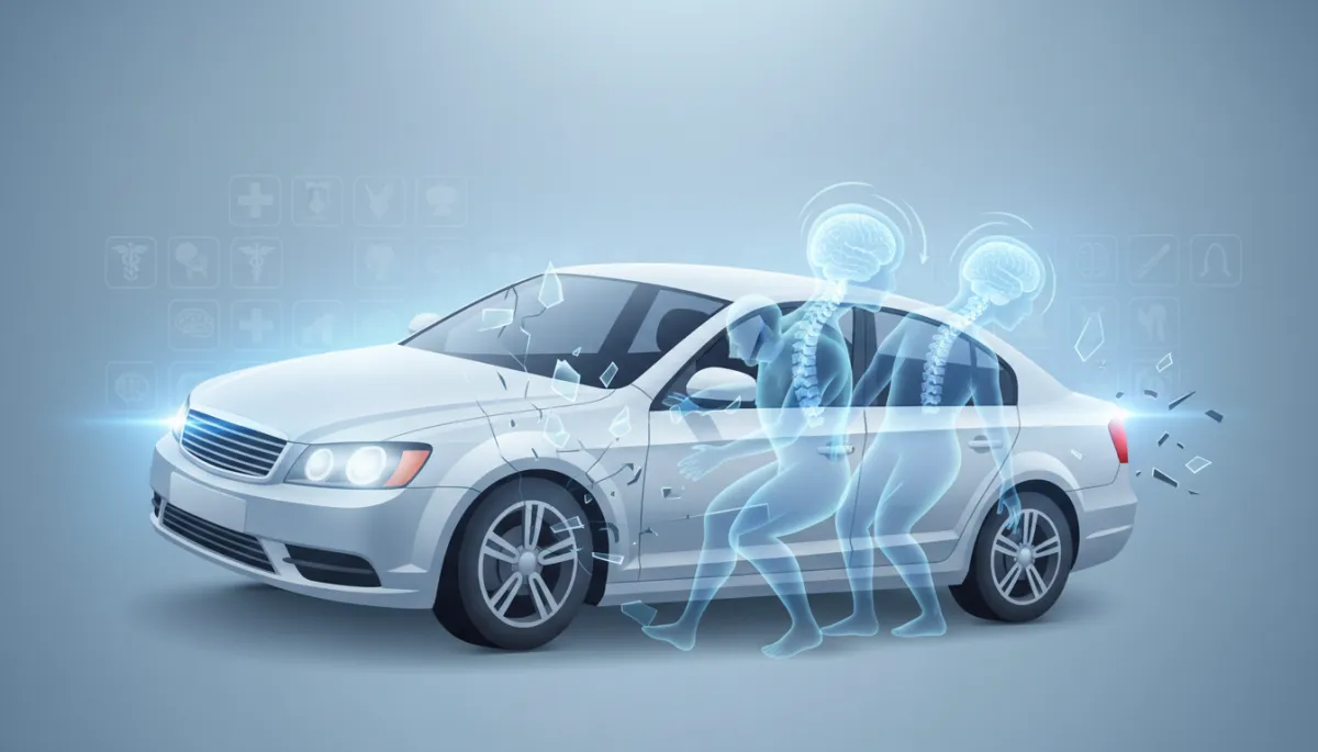 Rear-end car collision in slow motion showing head and neck whipping forward and back, semi-transparent overlay of brain and cervical spine anatomy, cool clinical lighting, subtle medical icons in background