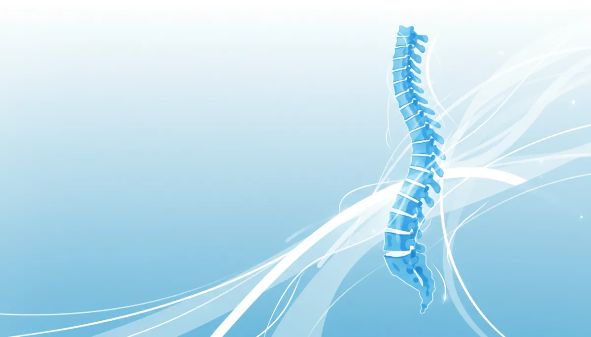 A clean, modern illustration of a healthy human spine in blue and white, showing its central role in body movement and posture. The style should match a medical website and convey vitality and well-being.