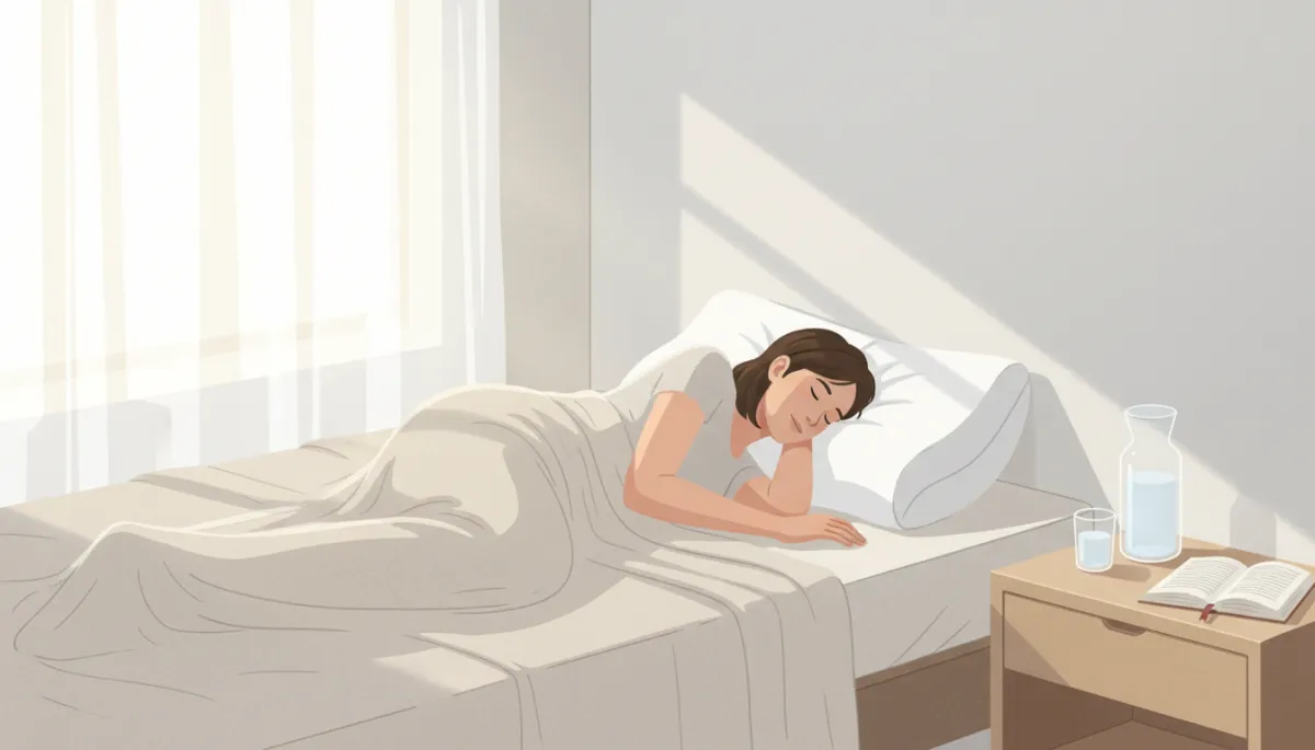 Calm bedroom scene with a person lying comfortably on their side using an orthopedic pillow, soft morning light through curtains, neutral bedding, and a nightstand with a glass of water and book