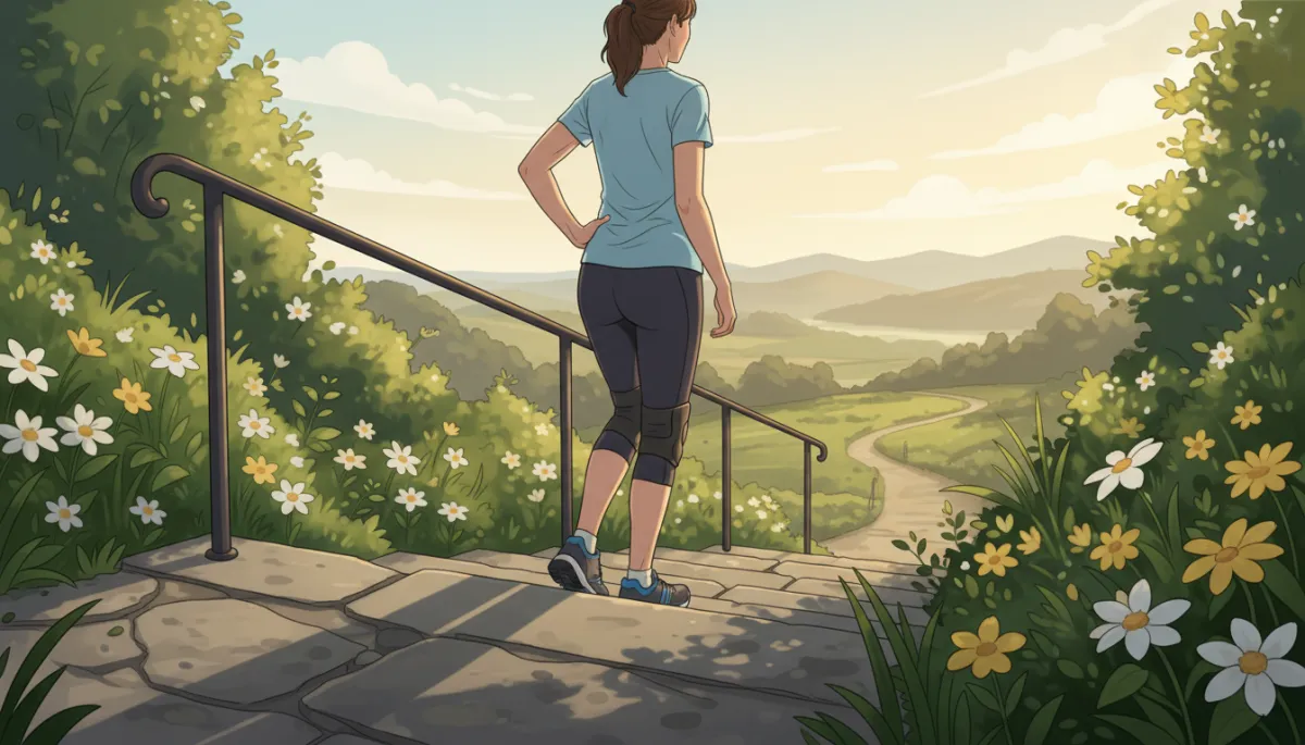 Active adult walking up outdoor steps holding handrail, subtle focus on knee area with soft sunlight, calm and hopeful mood