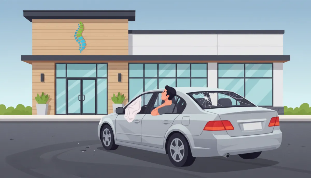 Driver sitting in a parked car holding the back of their neck in discomfort after a rear-end collision, with a modern chiropractic clinic visible in the background Driver sitting in a parked car holding the back of their neck in discomfort after a rear-end collision, with a modern chiropractic clinic visible in the background