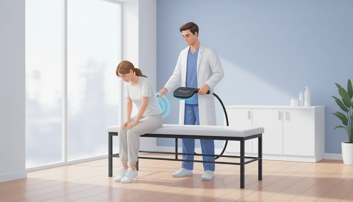 Modern treatment room at a pain relief clinic with a patient comfortably seated while a clinician positions an EmField Pro high energy inductive therapy device near the lower back, bright and clean environment with calm, professional atmosphere