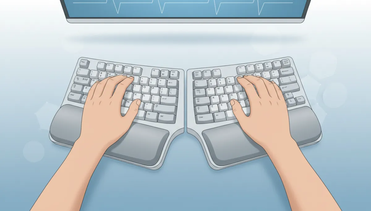 Close-up of a person working at a computer with an ergonomic keyboard and wrist rest, soft clinical lighting, focus on hands and wrists