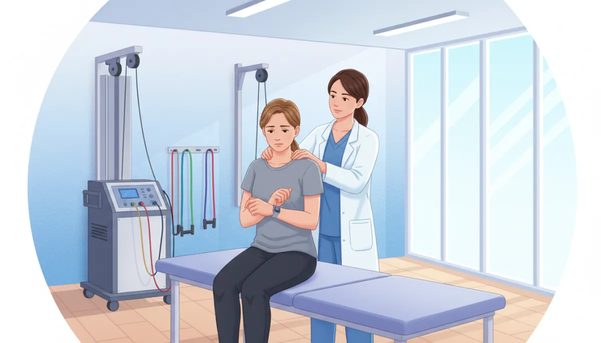 Patient sitting in a modern clinic holding their wrist while a clinician gently examines their neck and upper back, bright clean treatment room with advanced therapy equipment visible in the background