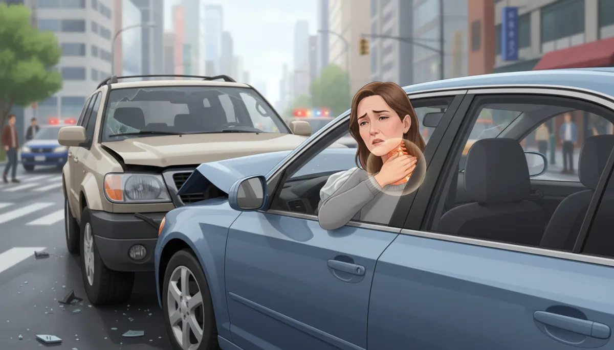 Rear-end car collision on a city street, driver gently holding their neck in discomfort while sitting in the driver’s seat, soft natural light, subtle focus on cervical spine area