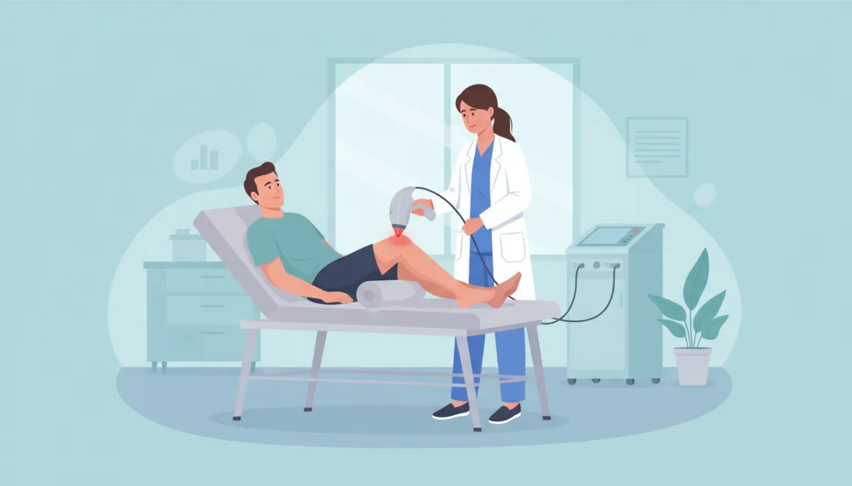 Patient receiving knee laser therapy in a modern clinic setting, clinician using handheld laser device on the front of the knee, calm and professional environment
