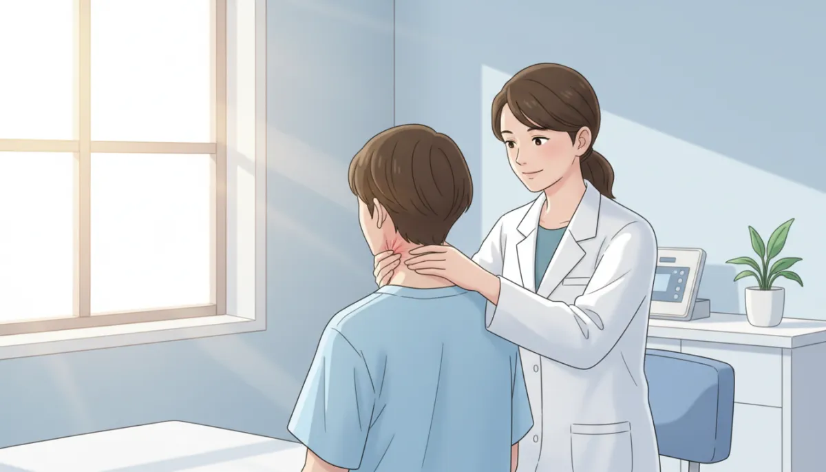 Person sitting in a clinic exam room with a doctor gently examining their neck and upper spine, soft natural light, calm and professional setting