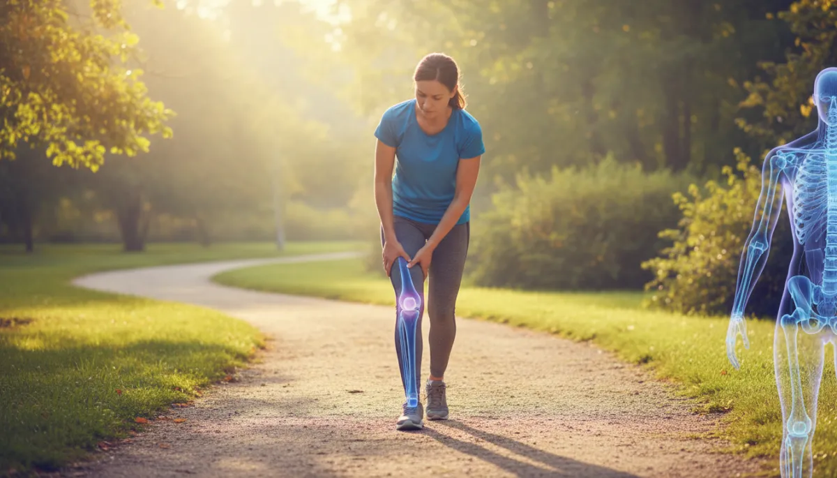 Active adult holding knee while walking on a park path, soft morning light, subtle medical overlay highlighting patellofemoral joint