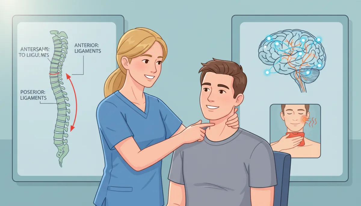 A professional, welcoming photo of a chiropractor consulting with a patient experiencing neck pain, with medical diagrams in the background, representing whiplash assessment and chronic pain care.