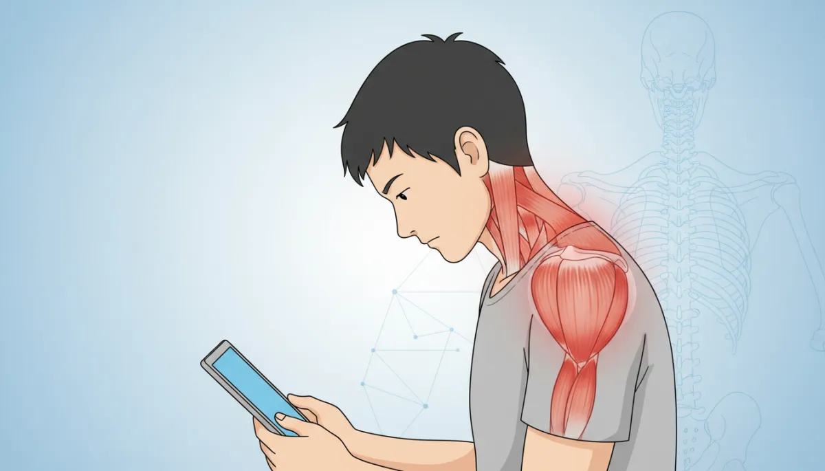 A modern, clean medical illustration showing a person using a tablet with poor posture (head jutting forward and shoulders rounded), highlighting muscle strain in the neck and upper back. The background should be light, and the style should match healthcare/ergonomic infographics.
