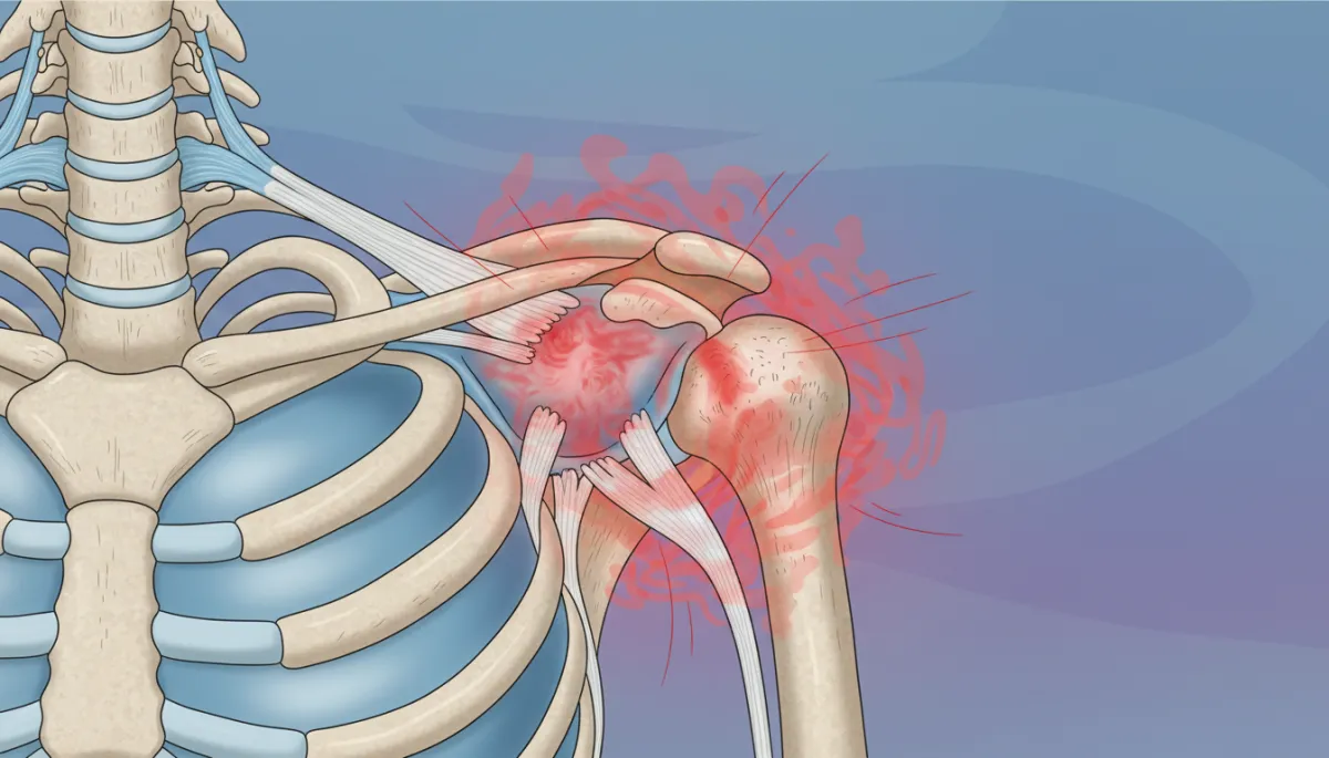 A detailed medical illustration showing the anatomy of the shoulder joint, highlighting the rotator cuff tendons, subacromial bursa, and acromion, with an overlay to indicate the area of impingement and inflammation typical of Subacromial Impingement Syndrome.