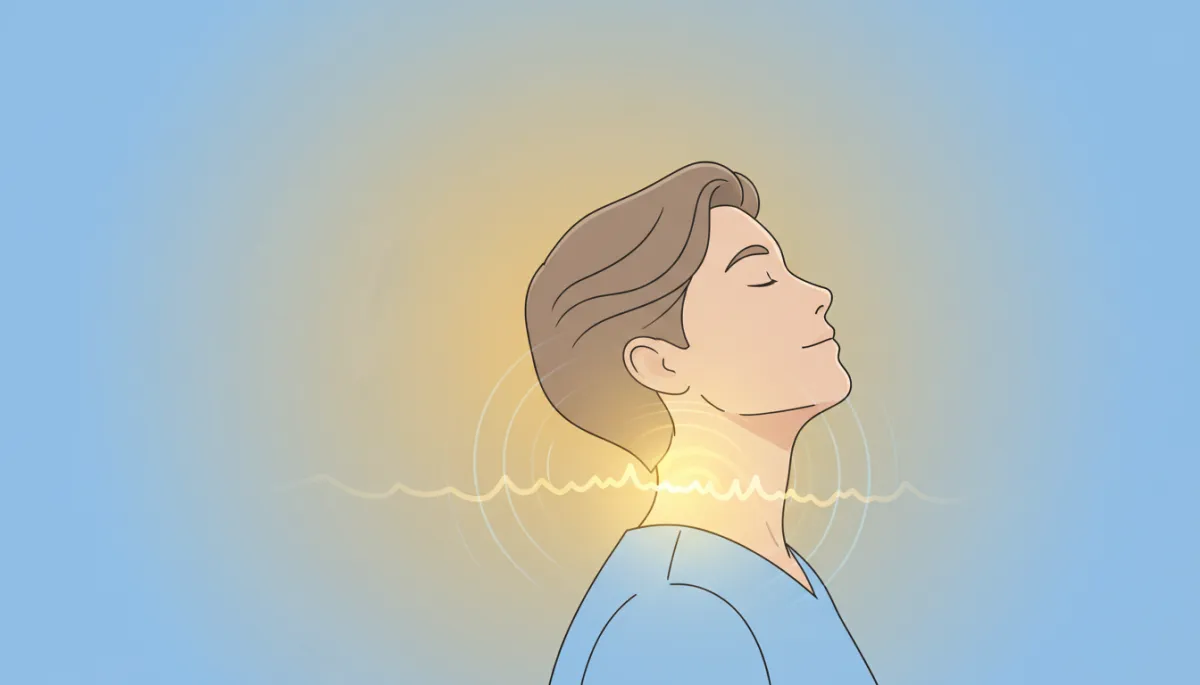 A modern, friendly medical illustration showing a person with highlighted neck and upper back area to visually depict pain radiating from the neck to the back of the head. The setting should reflect a clinical but approachable style, using soft blues and golds to match the site color palette.