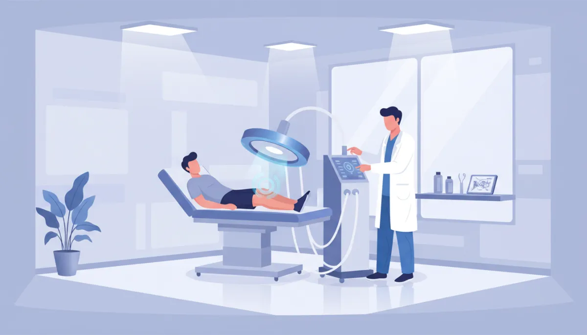 Modern treatment room with patient receiving High Energy Inductive Therapy on knee, clinician adjusting Emfield Pro device, soft clinical lighting Modern treatment room with patient receiving High Energy Inductive Therapy on knee, clinician adjusting Emfield Pro device, soft clinical lighting