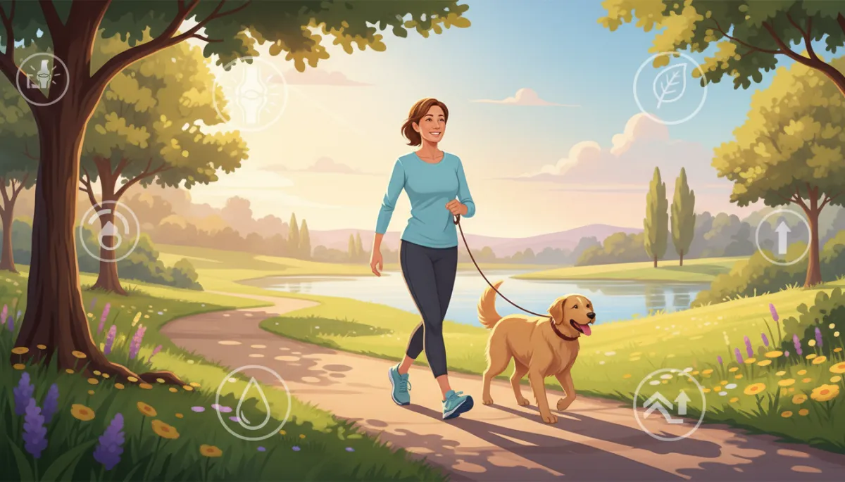 Active adult walking comfortably in a park after knee pain relief, soft morning light, subtle medical icons overlay