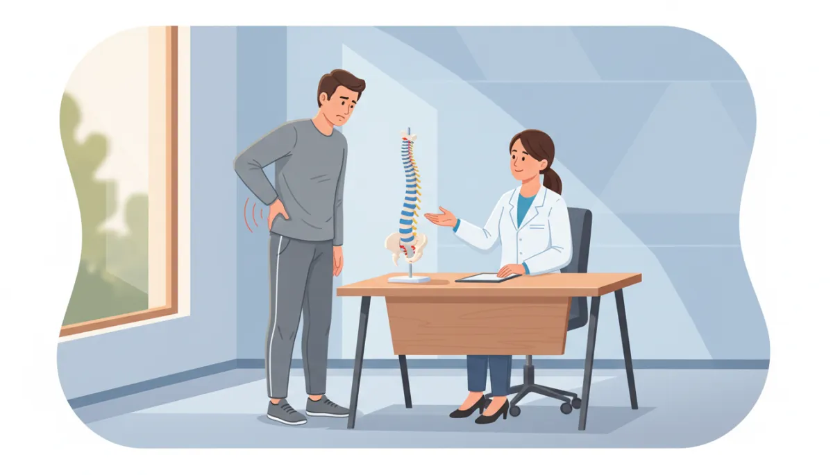 Person holding lower back in mild discomfort while speaking with a spine specialist in a bright, modern clinic setting, anatomical spine model visible on desk