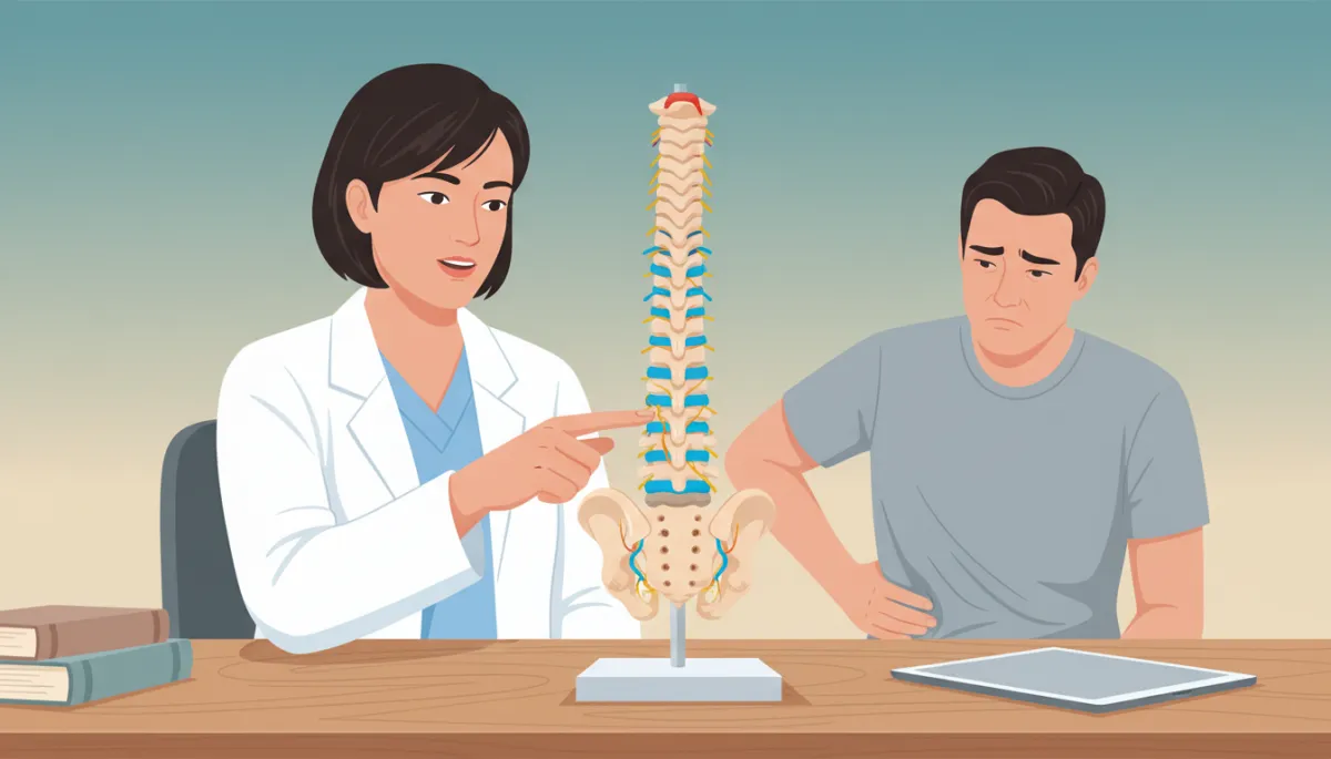 Close-up of a spine model on a doctor’s desk while a patient describes lower back pain, clinician gesturing to lumbar discs