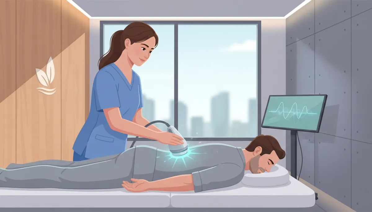 Clinician applying advanced non-surgical treatment device to a patient’s lower back in a modern therapy room, patient lying comfortably on treatment table