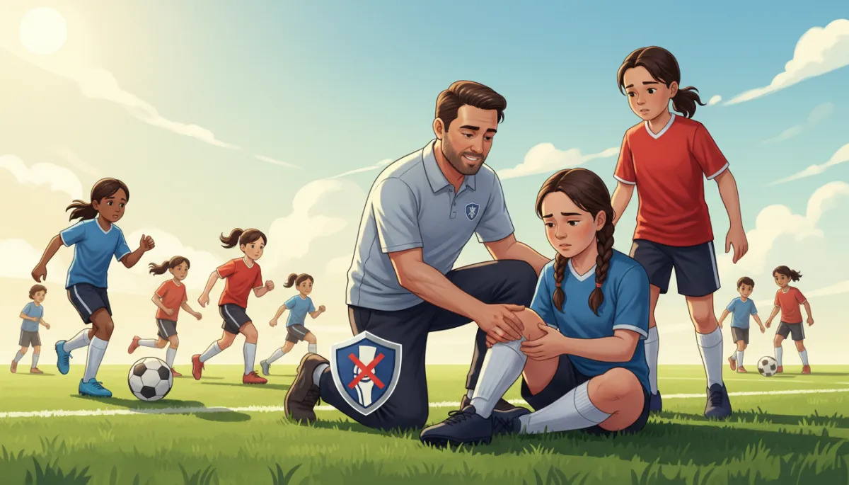 A dynamic, friendly illustration showing youth soccer players (diverse boys and girls) playing on a field, with one player holding their knee in mild discomfort and a coach or parent assisting, emphasizing knee injury awareness and prevention.