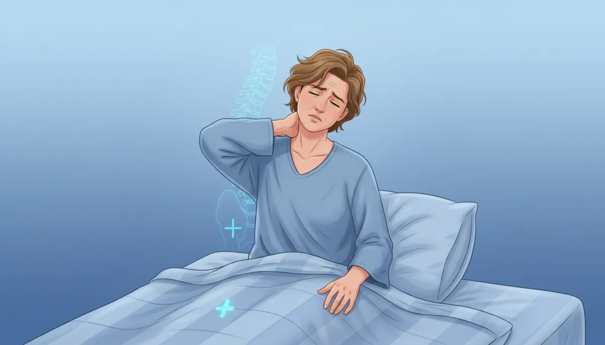 An illustration of a person waking up in bed, holding their neck in discomfort, with a subtle medical/clinical feel and soothing blue tones, suitable for a health blog about neck pain.