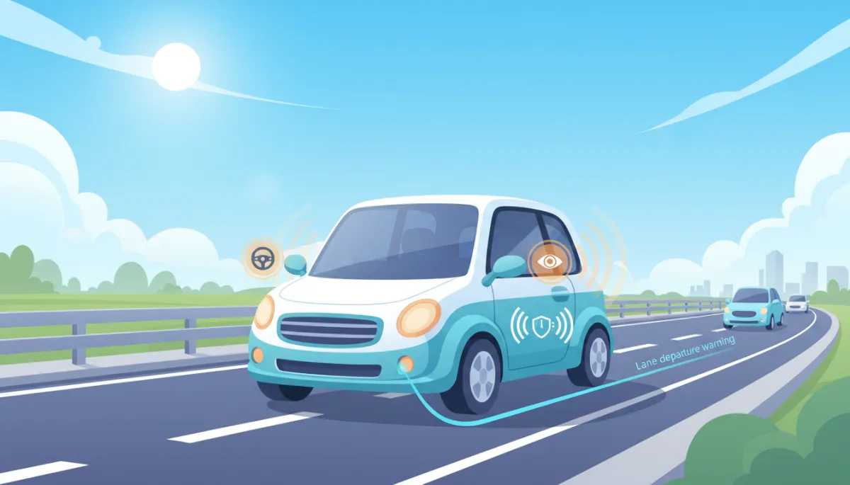 A modern, friendly illustration of a safe car equipped with advanced safety features, such as lane departure warning, adaptive cruise control, and blind spot monitoring. The car is shown on a road with clear weather, and subtle icons or highlights indicate the safety technologies in use. The style is clean and approachable, matching healthcare or wellness blog aesthetics. A modern, friendly illustration of a safe car equipped with advanced safety features, such as lane departure warning, adaptive cruise control, and blind spot monitoring. The car is shown on a road with clear weather, and subtle icons or highlights indicate the safety technologies in use. The style is clean and approachable, matching healthcare or wellness blog aesthetics.