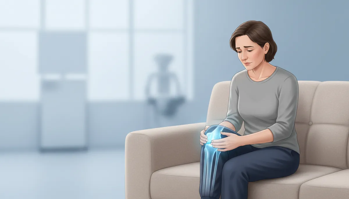 Middle-aged person sitting on a couch gently holding a sore knee, soft clinical lighting, subtle overlay of joint anatomy illustration