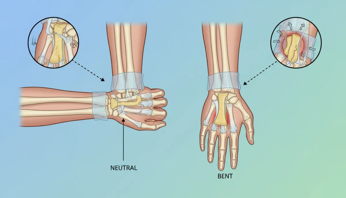 A clear, modern medical illustration showing the anatomy of the wrist in carpal tunnel syndrome: highlighting the median nerve being compressed inside the carpal tunnel, with callouts showing how wrist position (neutral vs. bent) affects nerve pressure. Use a clean, approachable style suitable for patient education.
