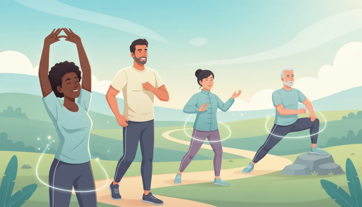 A hopeful, modern photo showing a diverse group of adults smiling and engaging in gentle physical activity, such as stretching or walking, to represent relief from chronic pain through non-invasive treatments. The image should feel bright, inviting, and reassuring.