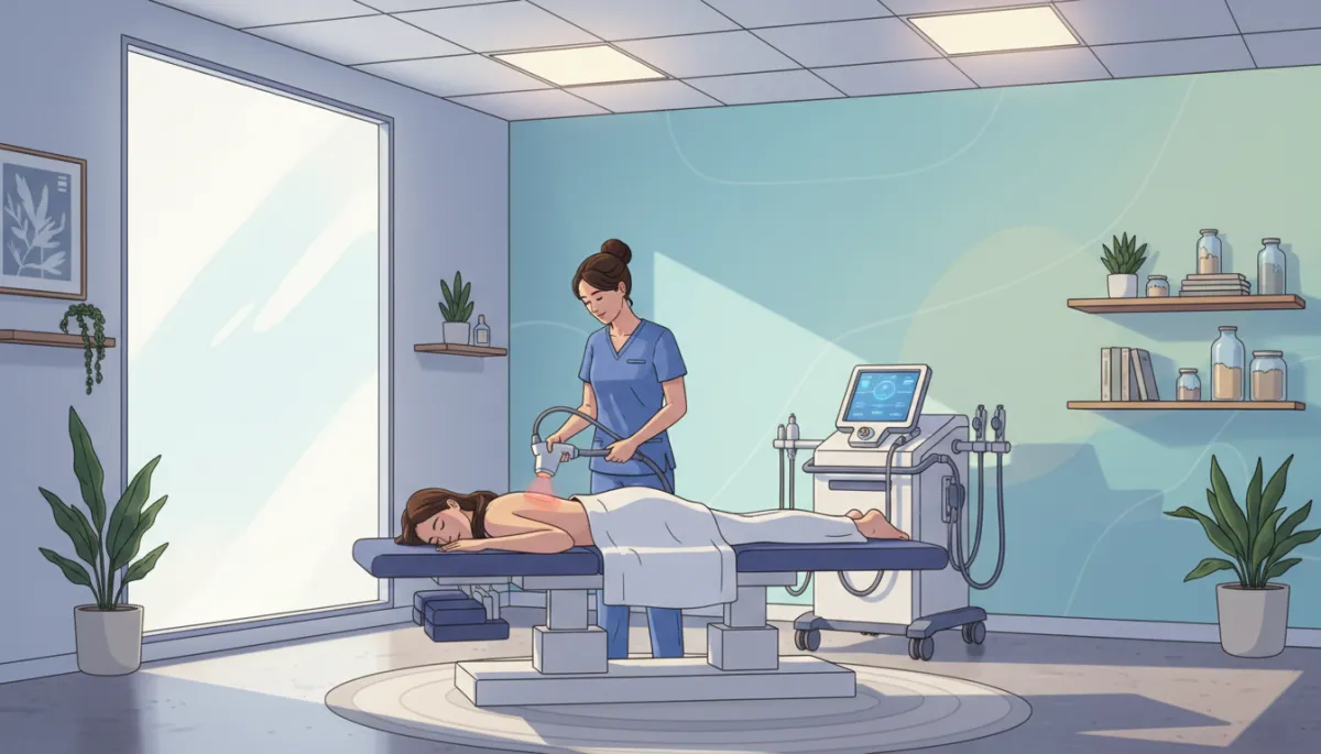 Modern chiropractic treatment room with patient receiving cold laser therapy on lower back, clinician holding handheld laser device, soft clinical lighting, focus on comfort and advanced equipment