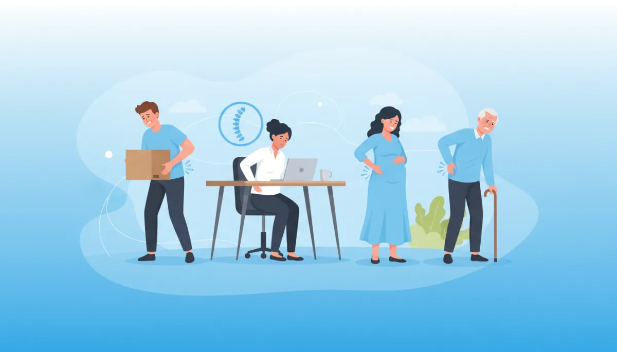A modern, friendly illustration showing a diverse group of people experiencing back pain in different situations (e.g., lifting, sitting at a desk, pregnant woman, older adult with cane) in a healthcare or wellness setting, using the CT Disc Centers brand color #3182CE.