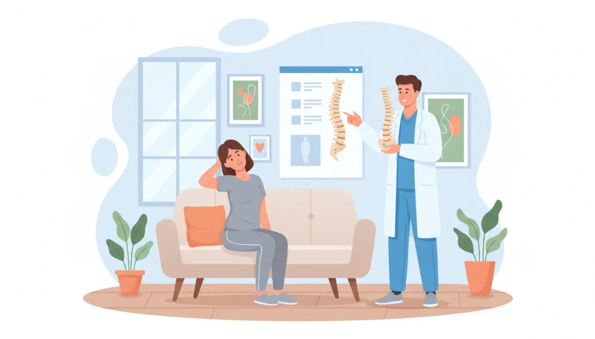 Adult sitting on a sofa gently stretching their neck while a healthcare professional explains a spine model in a bright, modern clinic setting Adult sitting on a sofa gently stretching their neck while a healthcare professional explains a spine model in a bright, modern clinic setting