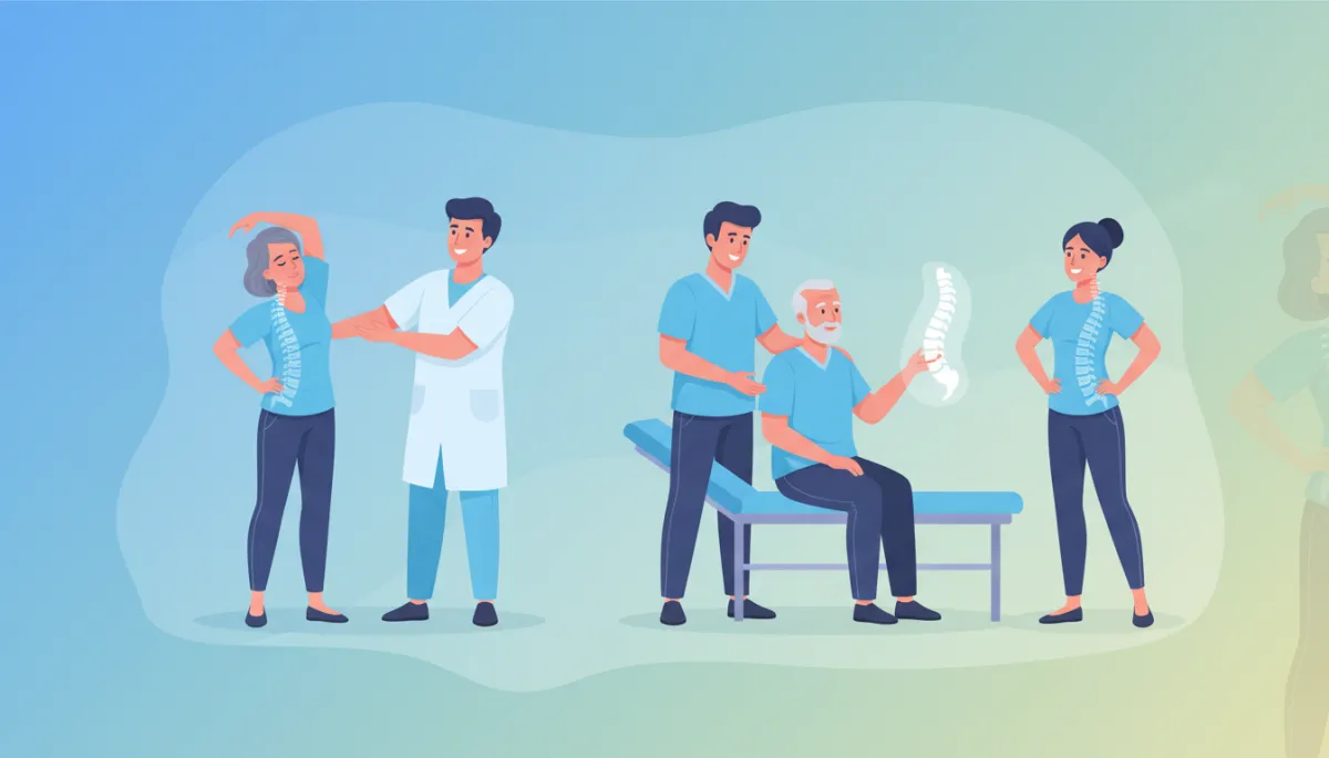 An inviting, modern medical illustration showing a diverse group of people with back pain being supported by healthcare professionals, suggesting relief and hope. The style should be clean, uplifting, and suitable for a back pain treatment webpage. An inviting, modern medical illustration showing a diverse group of people with back pain being supported by healthcare professionals, suggesting relief and hope. The style should be clean, uplifting, and suitable for a back pain treatment webpage.