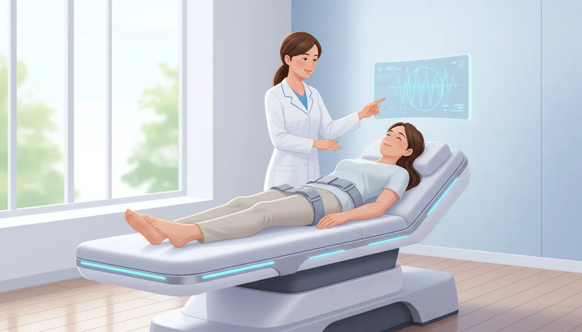 A modern, welcoming medical illustration showing a patient receiving non-surgical spinal decompression therapy in a bright, friendly clinic environment. The focus should be on comfort, advanced technology, and hope for back pain relief.