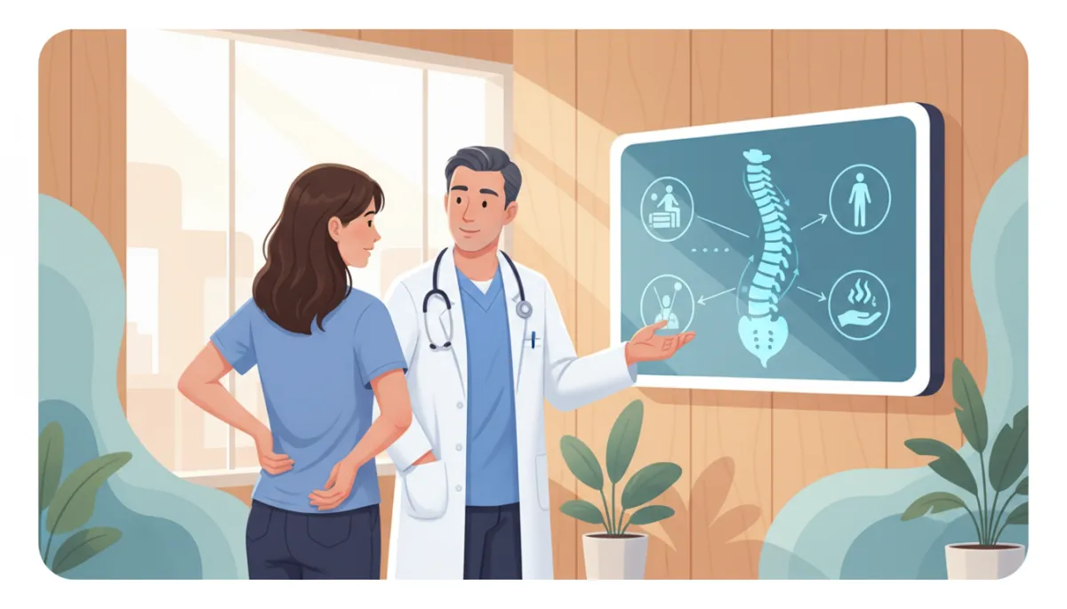 A professional, welcoming photo of a patient consulting with a doctor or therapist about back pain in a modern clinic setting, representing non-surgical, advanced back pain treatment options. A professional, welcoming photo of a patient consulting with a doctor or therapist about back pain in a modern clinic setting, representing non-surgical, advanced back pain treatment options.