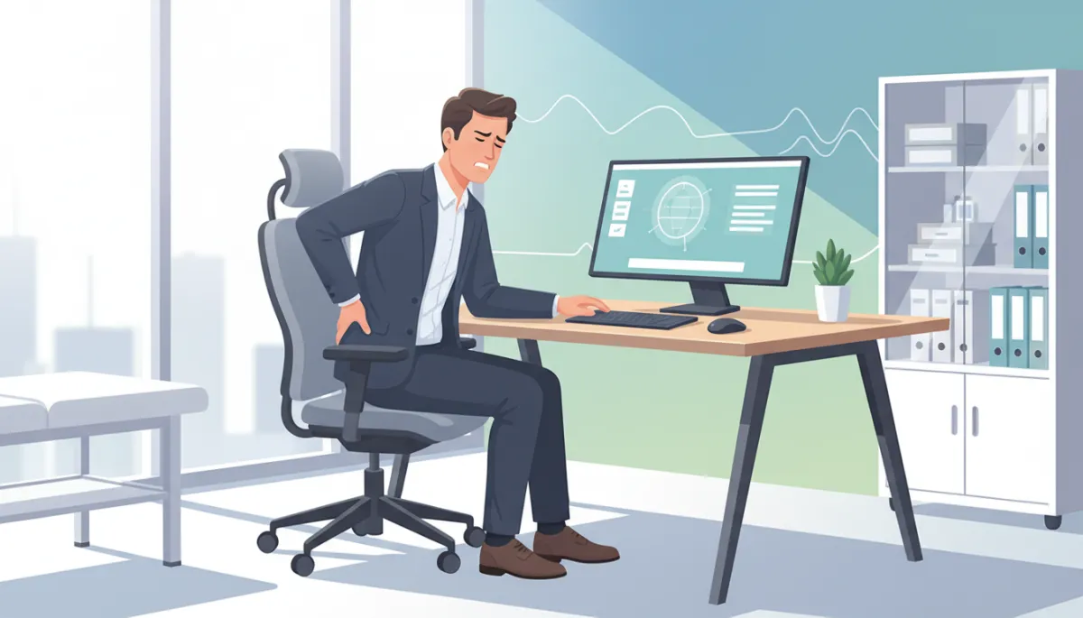 Adult sitting at a desk holding lower back in discomfort, ergonomic chair and computer on desk, bright medical office environment Adult sitting at a desk holding lower back in discomfort, ergonomic chair and computer on desk, bright medical office environment