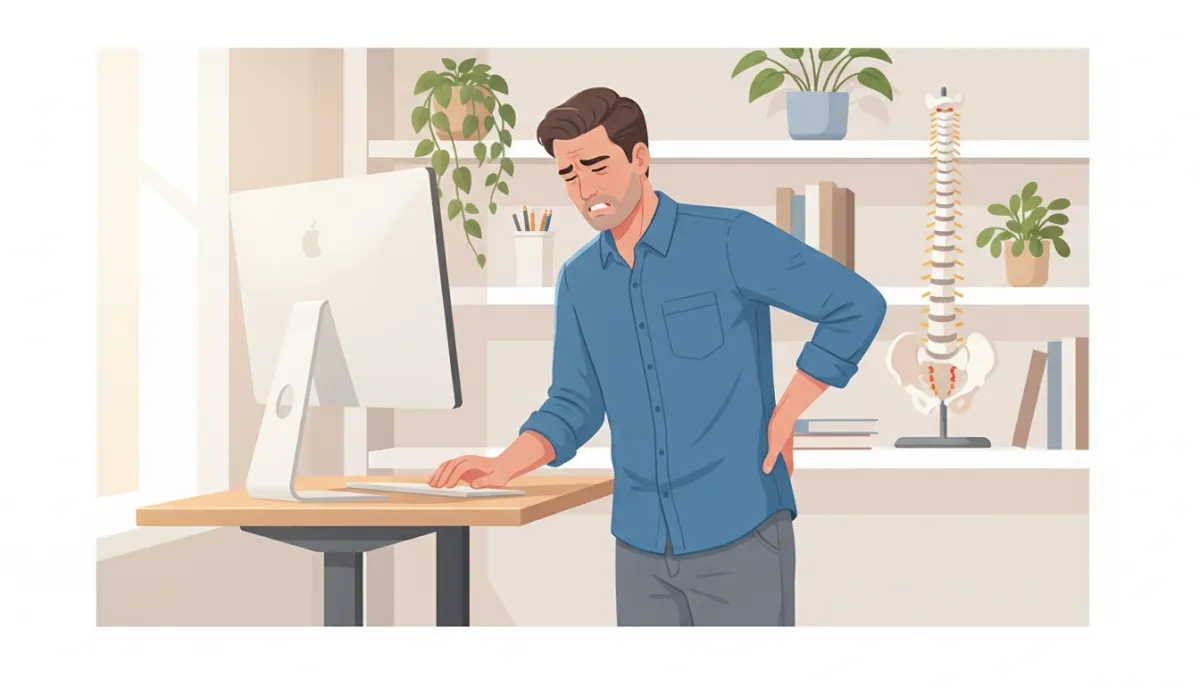 Adult man holding his lower back while standing at a standing desk in a bright home office, chiropractor-style spine model visible on a shelf, warm natural light, calm clinical feel