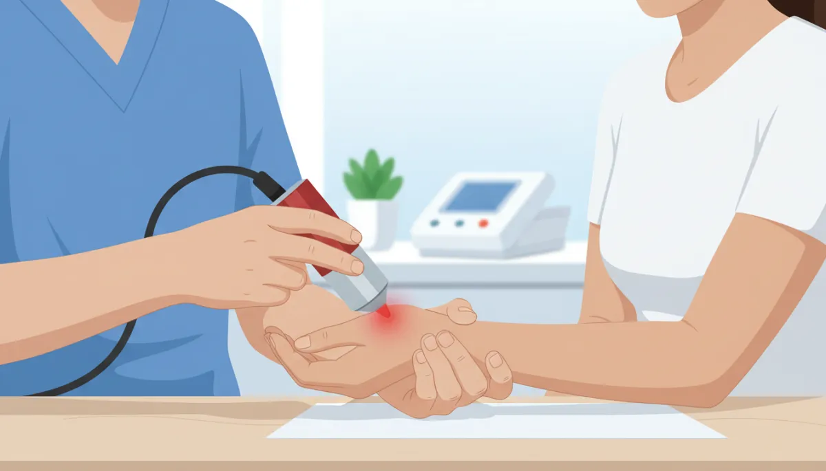 Close-up of a person holding their wrist in discomfort at a desk, with a healthcare provider using a small laser therapy device over the carpal tunnel area, bright clinical office setting