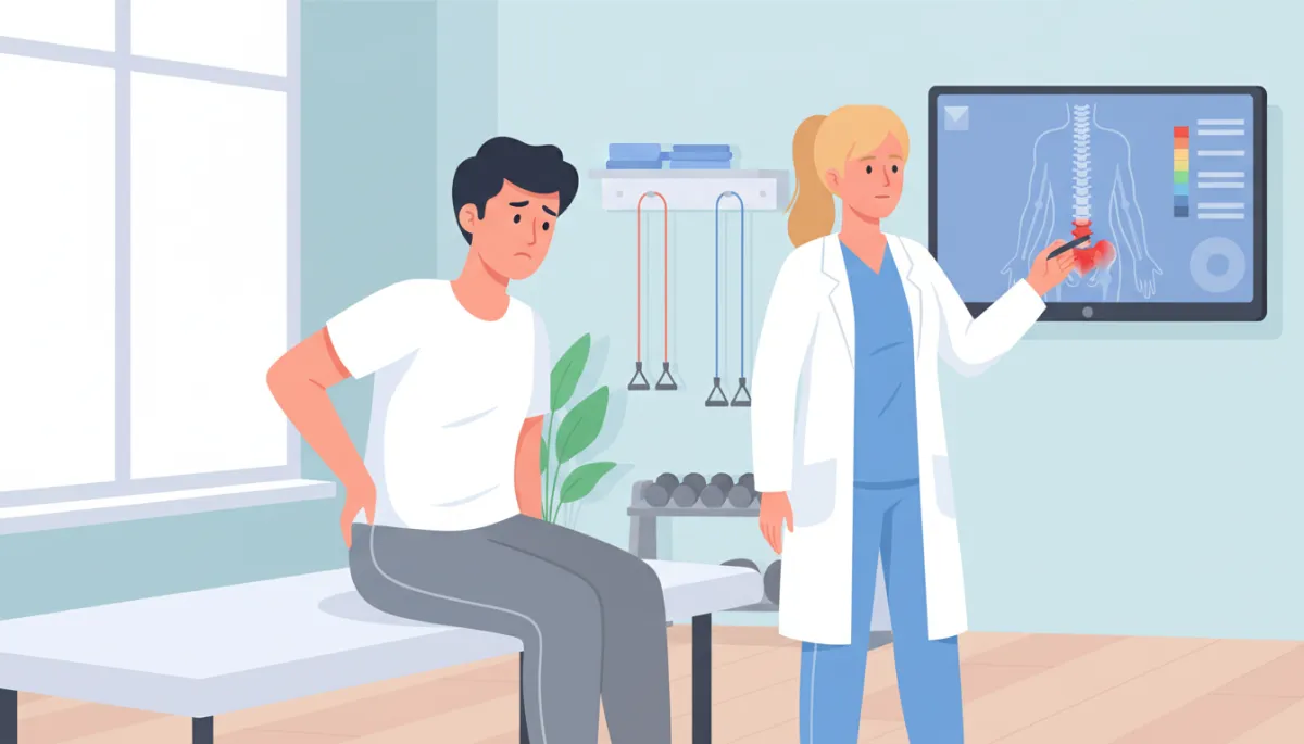 Adult sitting on exam table holding lower right back, chiropractor reviewing spinal scan on nearby monitor, bright modern treatment room Adult sitting on exam table holding lower right back, chiropractor reviewing spinal scan on nearby monitor, bright modern treatment room