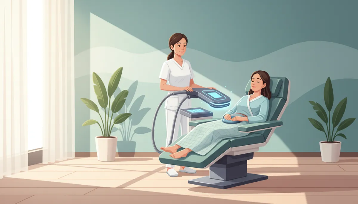 Patient relaxing comfortably in a modern treatment room while a clinician operates a non-invasive therapy device, soft natural light, calm and reassuring setting Patient relaxing comfortably in a modern treatment room while a clinician operates a non-invasive therapy device, soft natural light, calm and reassuring setting