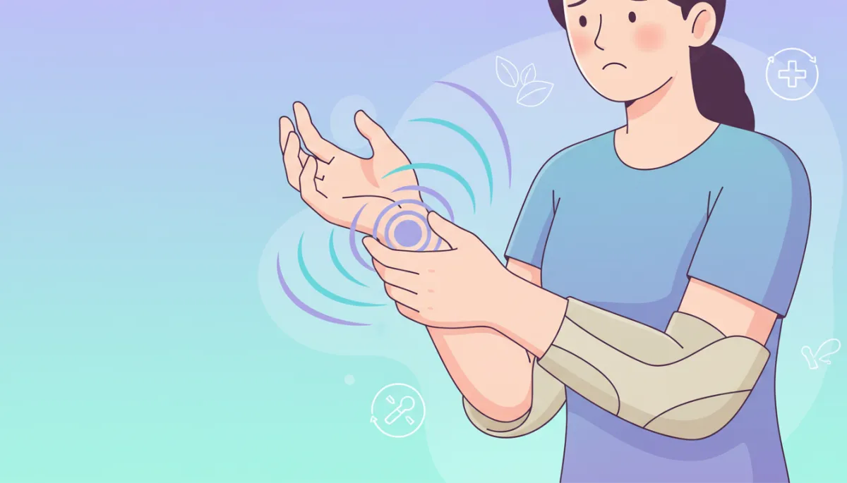 A clean, modern, professional cartoon-style illustration depicting a person experiencing wrist pain or numbness, focusing on the hand and wrist area, with subtle medical or clinic context. The style should match other blog articles' top cartoon images, be inviting, and suggest non-surgical care for Carpal Tunnel Syndrome. Use colors and aesthetic that align with healthcare and therapy topics.