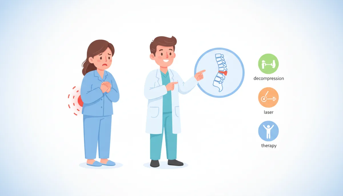 Friendly cartoon of a person with a glowing red lower back looking worried while a calm cartoon doctor points to a simple spine diagram showing a herniated disc and three bright icons labeled decompression, laser, and therapy, clean white background, soft colors