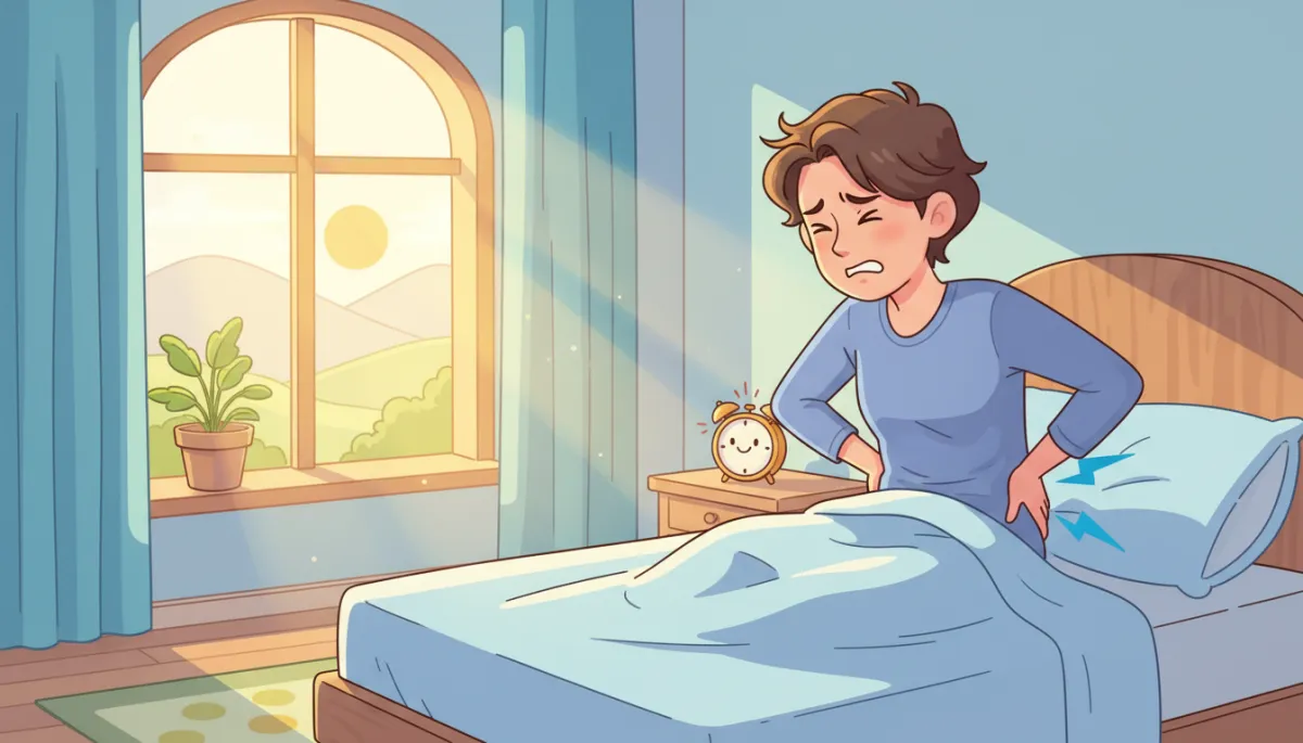 A friendly cartoon-style illustration showing a person waking up in bed and holding their lower back with a pained expression, highlighting the concept of morning lower back pain. The scene should be bright, inviting, and educational, matching the cartoon style used in other related articles on lower back pain.