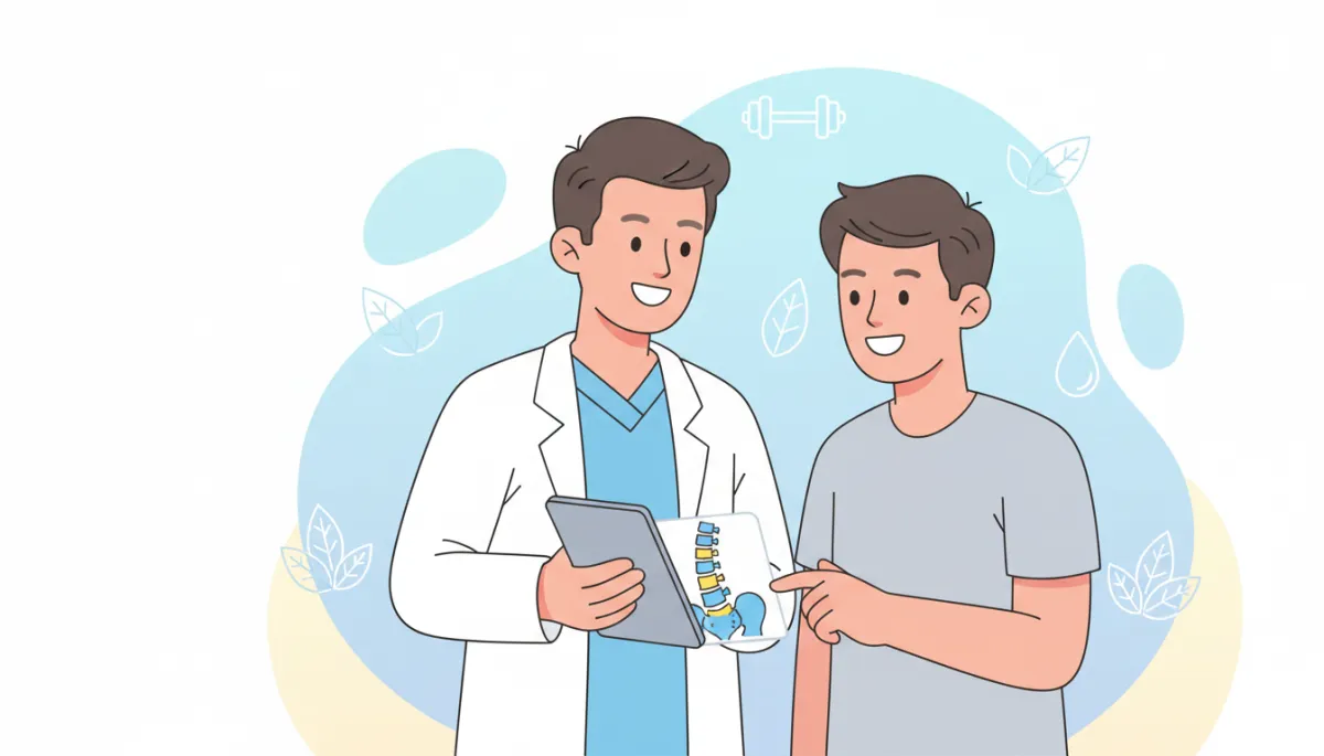 Cartoon-style illustration of a friendly clinician showing a patient a diagram of the lower spine on a tablet, both smiling in a bright clinic room with soft pastel colors and simple spine and wellness icons in the background, white and light blue tones Cartoon-style illustration of a friendly clinician showing a patient a diagram of the lower spine on a tablet, both smiling in a bright clinic room with soft pastel colors and simple spine and wellness icons in the background, white and light blue tones