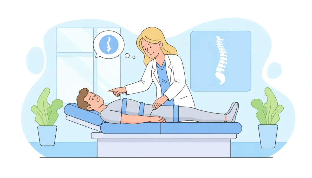 Cartoon-style chiropractor gently setting up a patient on a spinal decompression table in a bright clinic, soft pastel colors, friendly clinician explaining the treatment, simple spine icon on the wall, light blue and white background, calm non-surgical wellness setting Cartoon-style chiropractor gently setting up a patient on a spinal decompression table in a bright clinic, soft pastel colors, friendly clinician explaining the treatment, simple spine icon on the wall, light blue and white background, calm non-surgical wellness setting