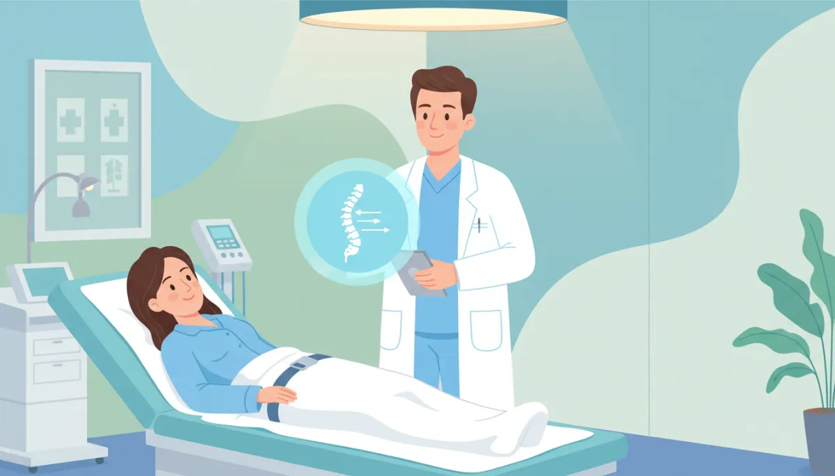 Cartoon-style illustration of a patient lying comfortably on a spinal decompression table while a friendly clinician stands nearby reviewing a simple spine diagram on a light blue screen, clean medical office with soft pastel colors and calm expressions