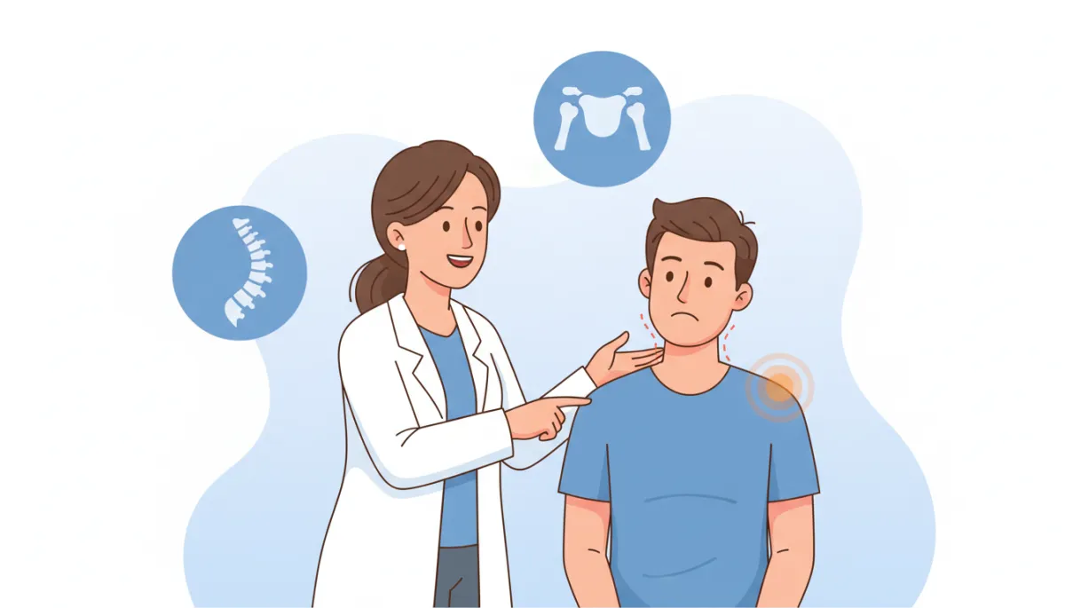 Cartoon-style illustration of a friendly chiropractor showing a patient how neck posture can affect the shoulder, with simple spine and shoulder icons on a soft pastel blue and white background