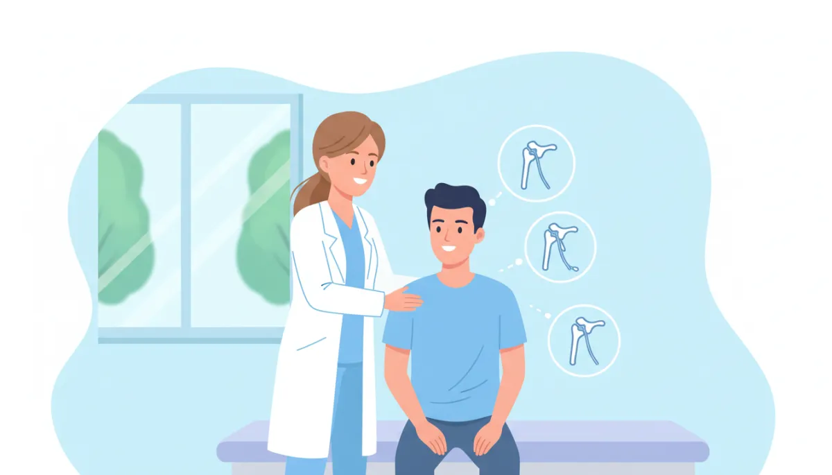 Cartoon-style illustration of a friendly chiropractor gently evaluating a patient’s shoulder in a bright clinic room, soft pastel colors, light blue and white background, simple shoulder joint anatomy icons floating nearby, calm and professional mood, no needles or surgery