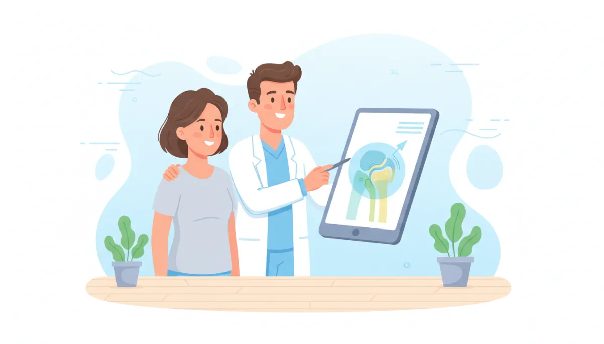 Cartoon-style illustration of a friendly chiropractor gently explaining frozen shoulder treatment options to a patient while pointing to a simple shoulder joint diagram, soft pastel colors, white and light blue background, calm wellness clinic setting, no needles or surgery equipment