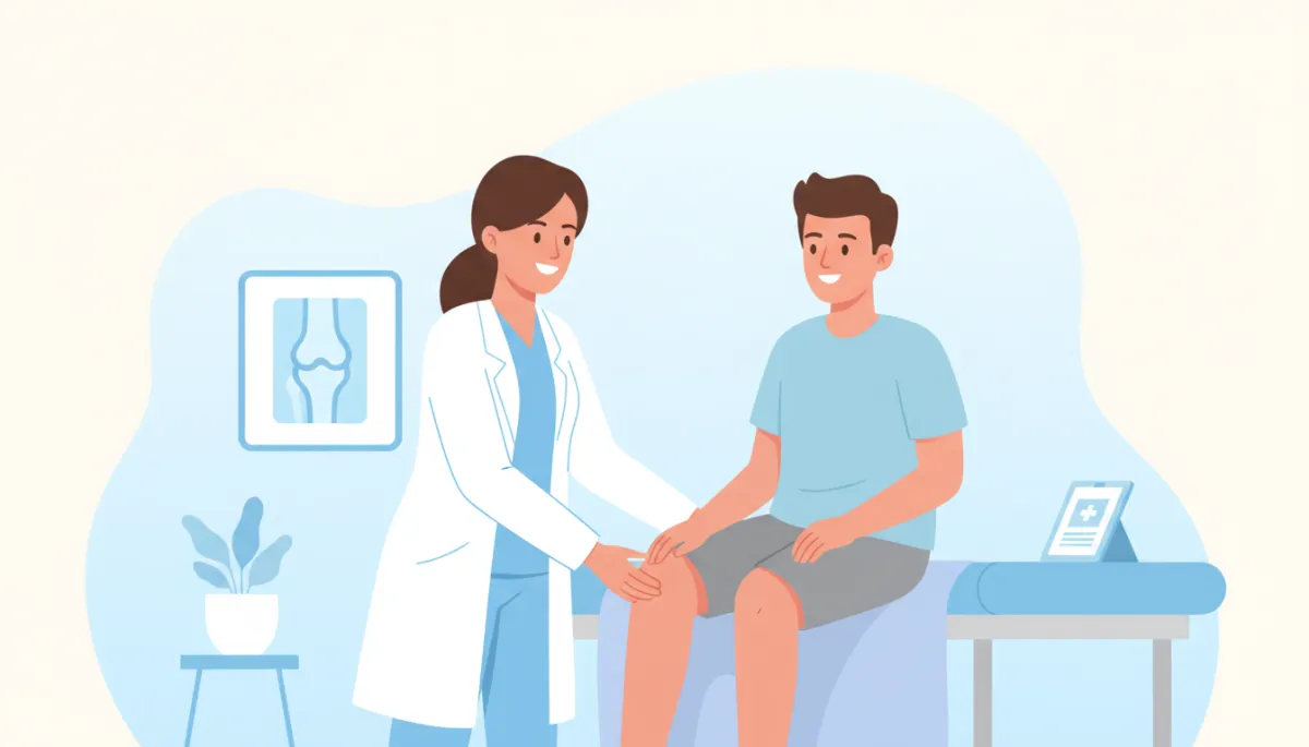 Cartoon-style illustration of a friendly clinician gently examining a patient's knee in a bright clinic room, soft pastel colors, light blue and white background, simple knee anatomy icon on the wall, both smiling and relaxed, non-surgical wellness setting