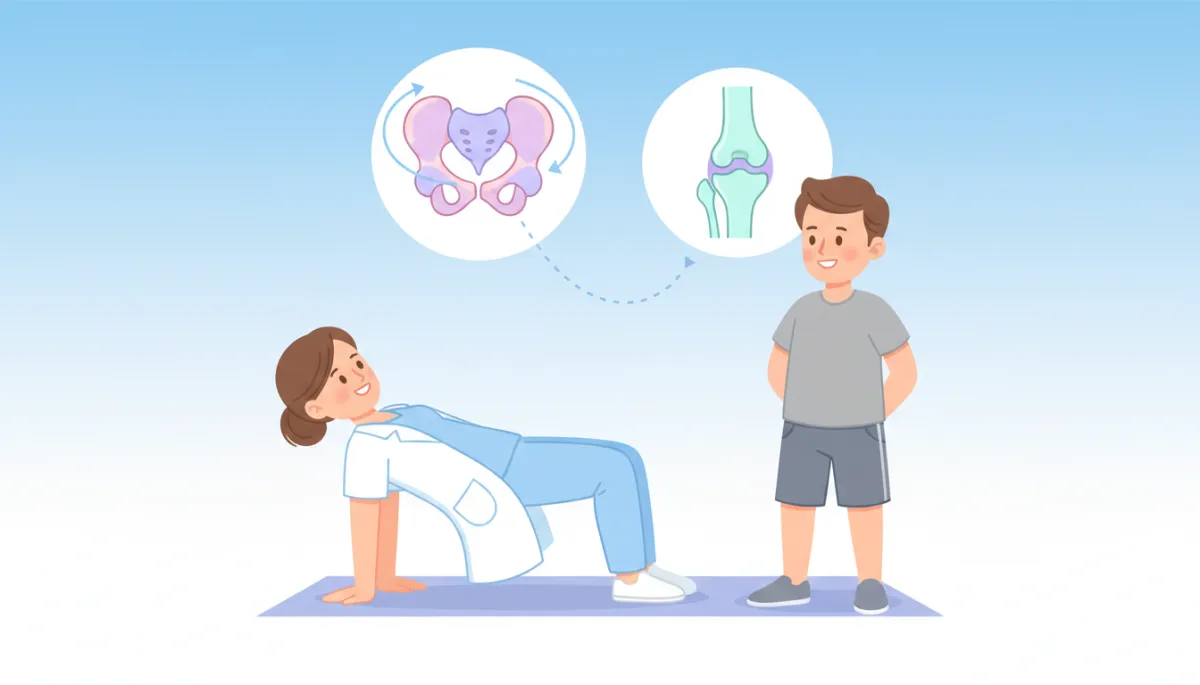 Cartoon-style illustration of a friendly clinician showing a patient how hip exercises can help knee pain, with simple pastel anatomy icons of a hip and knee on a light blue and white background