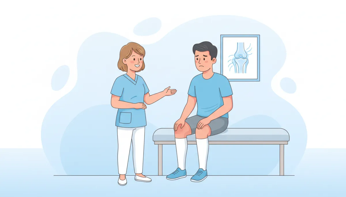 Cartoon-style illustration of a friendly clinician talking with an adult runner who is gently holding their knee, soft pastel colors, light blue and white background, simple knee joint icon on a wall chart, calm non-surgical wellness setting